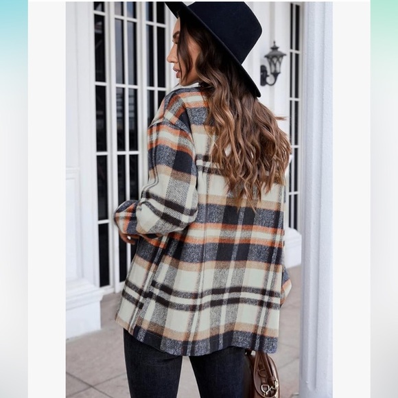 Casual Shacket Brushed Plaid Long Sleeve Flannel Lapel Buttons Pocketed Top - Picture 2 of 11